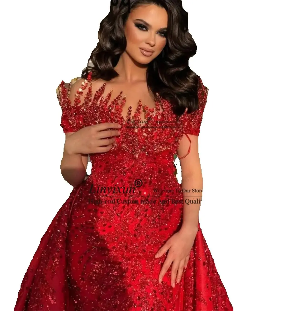 Arabisches Meerjungfrau-Abendkleid mit Überrock, maßgeschneiderte lange schulterfreie Ballkleider, luxuriöse Dubai-Frauen-Hochzeitsparty-Kleider