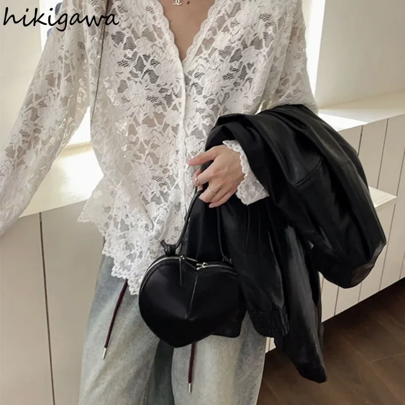 Long Sleeve Lace Blouses Women Clothing 2025 Blusas Mujer De Moda Hollow Out Sexy Tops See Through Fashion Summer White Shirts image 3