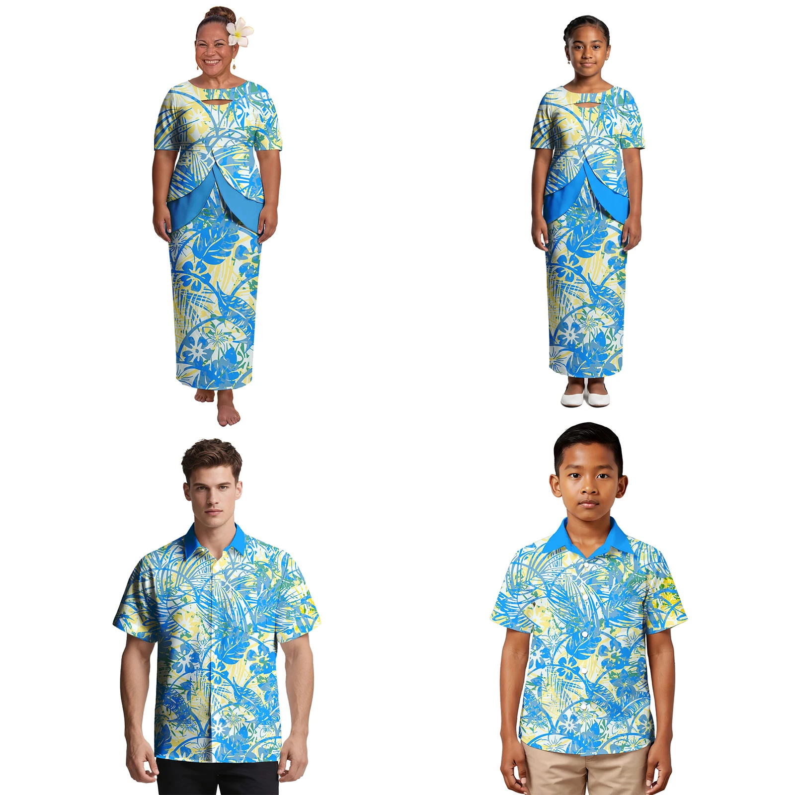 Abiti Puletasi Polinesiani per le Feste, Camicie Aloha Taglie Forti, Set per Coppie, Abbigliamento per Bambini, Completi Personalizzati per Famiglie Samoane