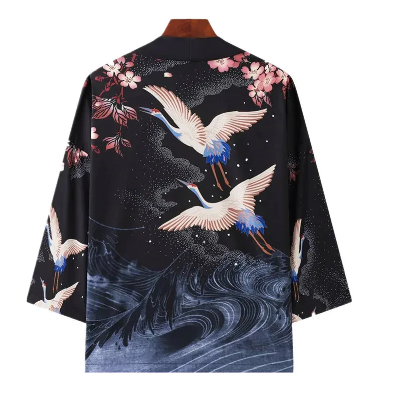 Японское кимоно, кардиган, юката, самурай, мужская и женская рубашка с принтом журавля, пляжная рубашка хаори, Харадзюку Оби, китайский стиль, азиатская уличная одежда 5XL