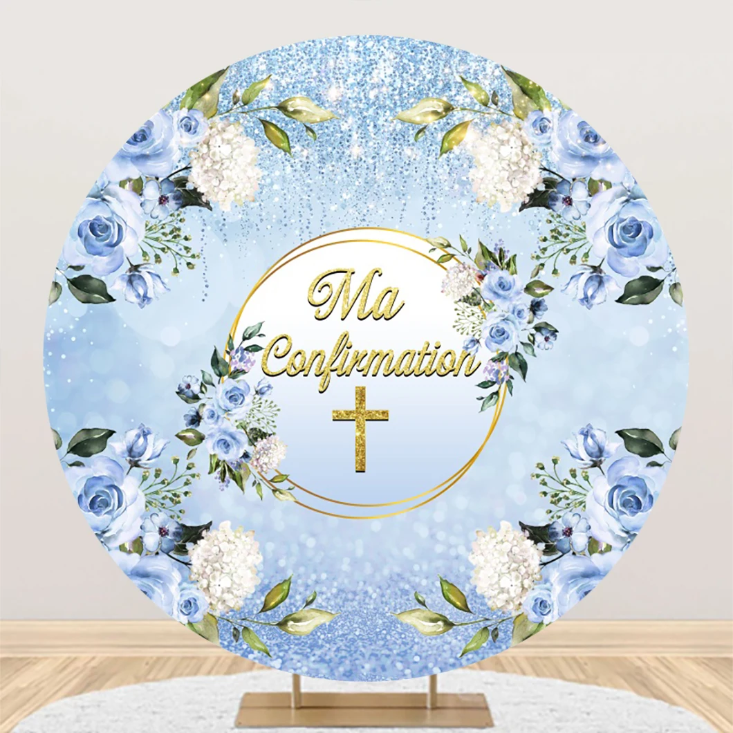 

Laeacco God Bless Baptism Round Backdrop Blue Floral Dots Christening Ceremony Baby Shower Customized Photography Background