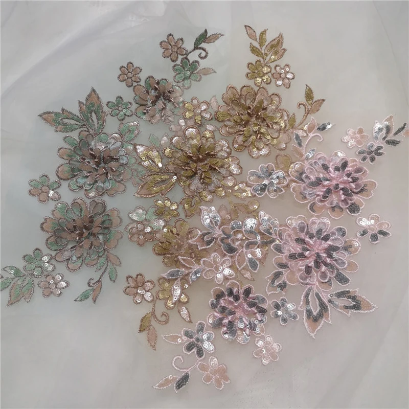 1Pc Flower Beaded Sequins Sew On Patches DIY Patch For Wedding Dress Floral Applique Patch Costume Decor 33*19CM