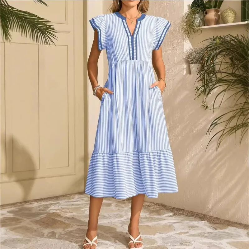 

Новая женская юбка с V-образным вырезом, контрастными полосками и двойными складками, короткий рукав, в европейско-американском стиле, коллекция 2026 года, для трансграничной торговли