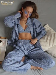 Clacive Fashion Loose Stripe 3 Piece Set Women Outfit 2025 Elegant Long Sleeve Shirt + Bra With High Waist Wide Pants Set Female