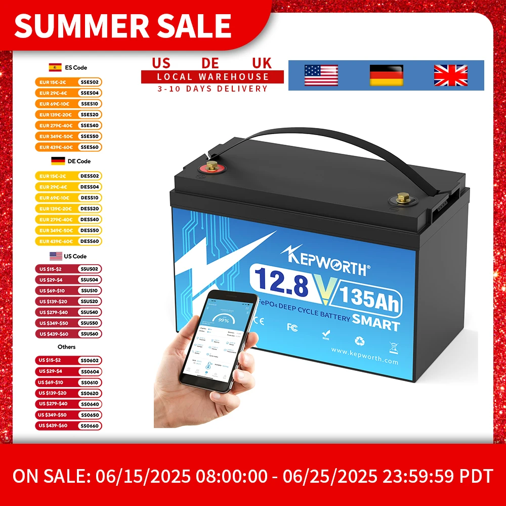 

12V 135Ah Lithium Battery With 100A Bluetooth BMS with Low-Temp Protection, Perfect for RV, Solar, Boat, Marine, Trolling Motor