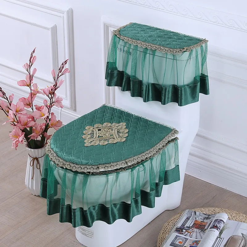 Household 3‑Piece Dust‑proof Toilet Seat Cover Set, All‑Season Universal Lace Fabric Toilet Cushion for Bathroom Decoration