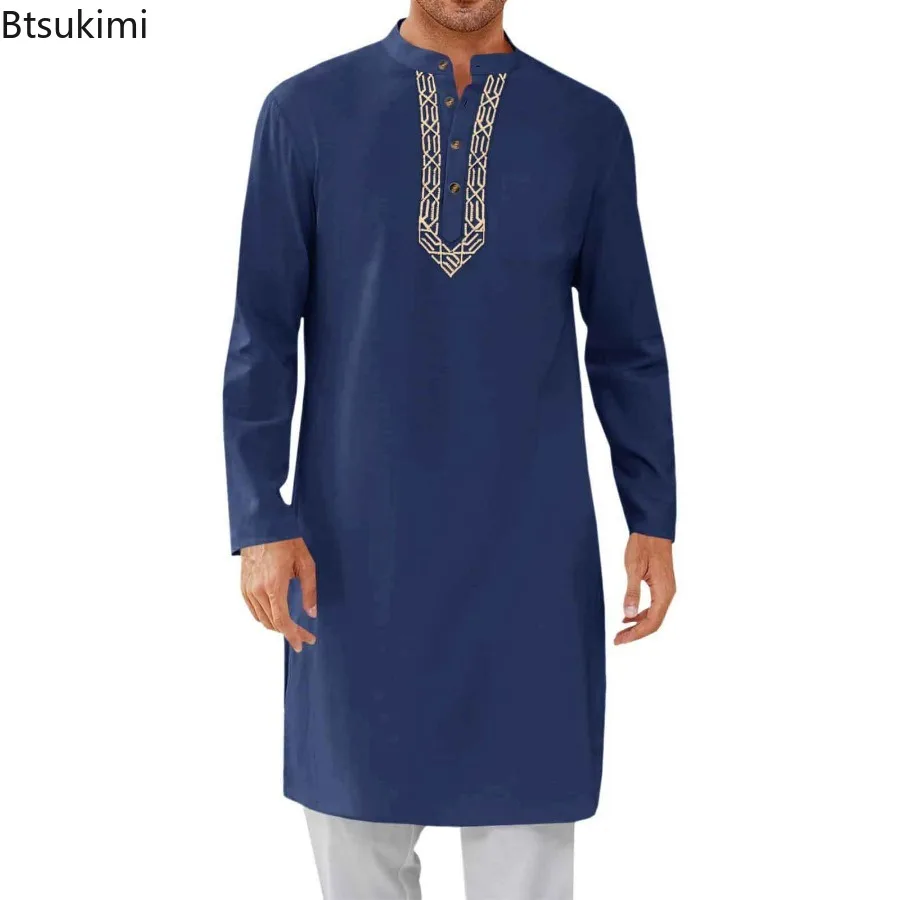 

Мужская мусульманская абайя 2026: однотонный простой кафтан, скромный исламский наряд для намаза с вышивкой, дубайский кафтан, марокканский мужской джубба/тобе