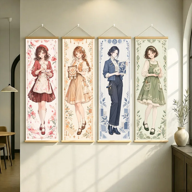 Anime Girls in Apron Dresses and a Navy Suit Hanging Scroll with Soft Floral Borders and Warm Colors for a Quiet Bedroom