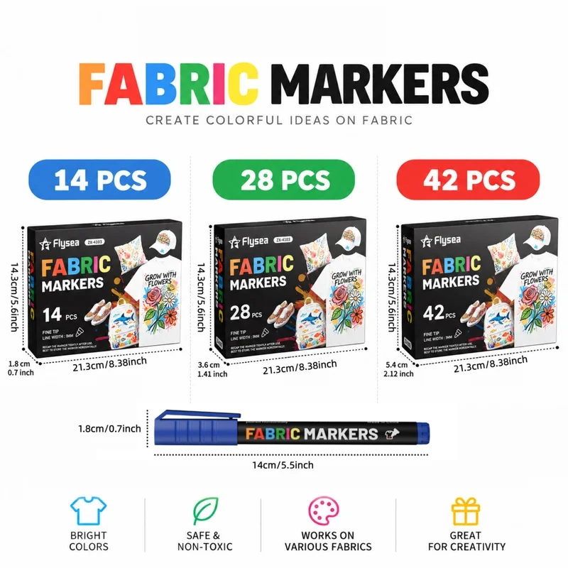 14/28/42 Colors Fabric Markers Permanent for Clothes,Fine Point Non-Toxic Fabric Pens for T-Shirts,Sneakers,Shoes,Tote Bags,DIY