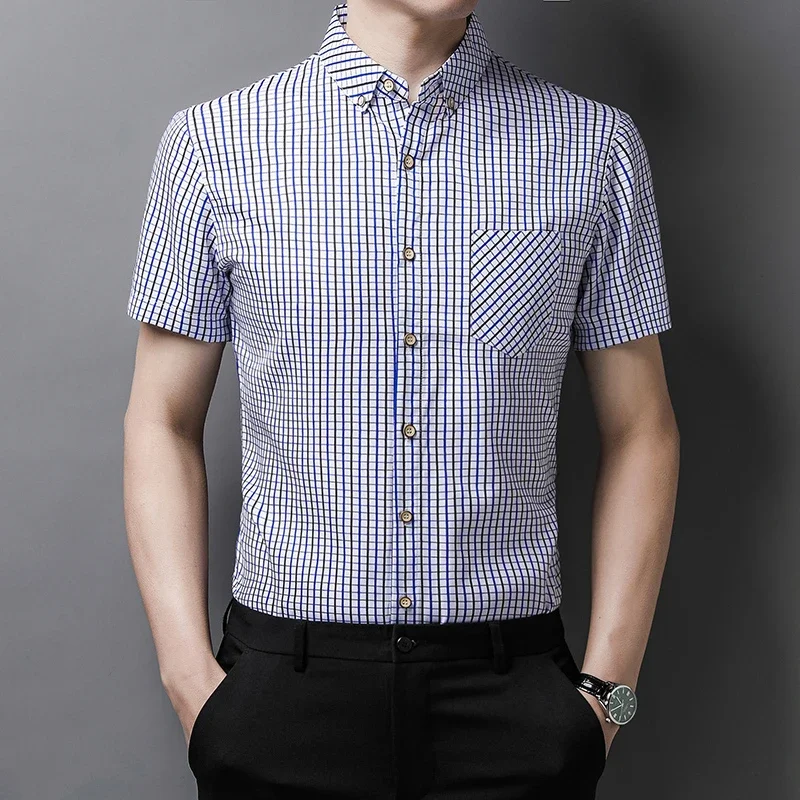 New Men\'s Casual Striped Short Sleeved Lapel Shirt for Summer Fashion Comfort No Ironing Wrinkle Resistant Top