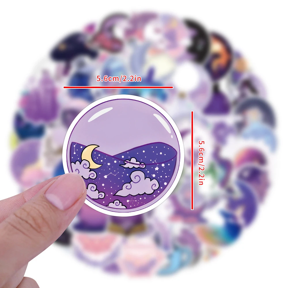 10/30/55/110pcs Cute Purple Magic Crystal Moon Stickers Aesthetic Sticker Decoration Luggage Water Bottle Phone Waterproof Decal