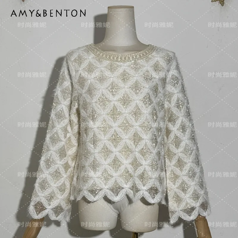 

Пушистая блузка с цветочным принтом для женщин, с круглым вырезом и длинными рукавами, универсальный топ с жемчужными бусинами и пайетками, дизайнерская рубашка для дам