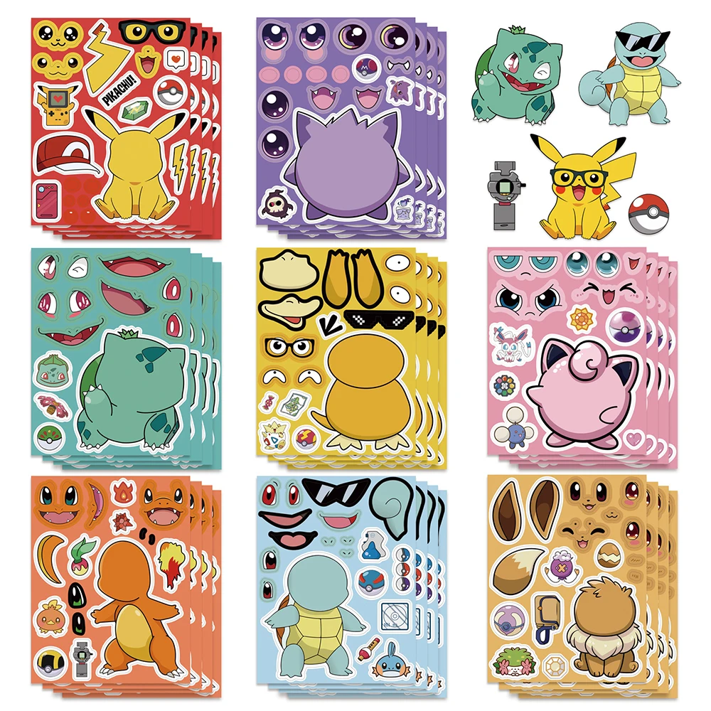 8/16sheets Funny Anime Pokemon Cartoon Puzzle Stickers Cute Pikachu Charmander Make a Face DIY Assemble Jigsaw Decals Decoration