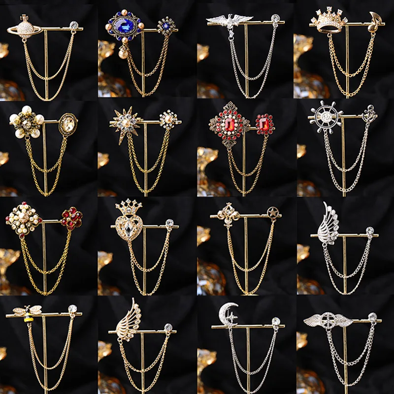 

Vintage Fashion Rhinestone Chain Brooch Anti-Exposure Pearl Inlaid Brooch British Court Suit Accessory