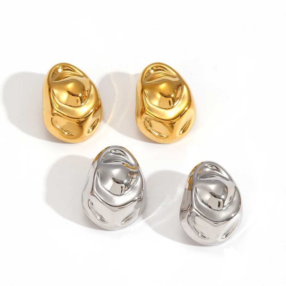 TD Stainless Steel Gold Color Irregular Hammer Pattern Oval Earrings Prevent Allergy Waterproof Daily Jewelry Accessories