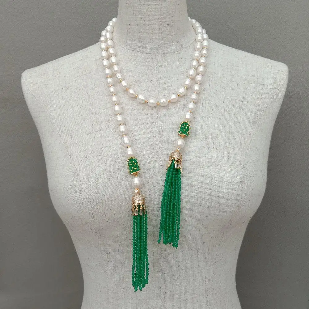 

YYGEM 51'' 10x12mm Cultured White Rice Pearl Green Jade Tassel CZ Pave Pendant sweater chain Long Necklace