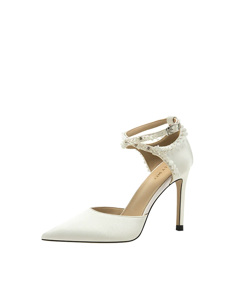 Summer new pointed silk sequined beaded fine heeled wedding shoes for banquets, large and small sizes, high-heeled women sandals