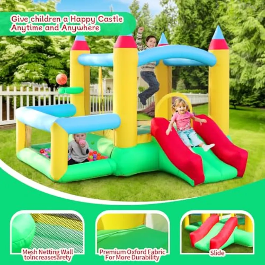 Casa inflable de rebote con tobogán, castillo saltador de 107x106x80 pulgadas con soplador y juego de baloncesto para piscina de pelotas