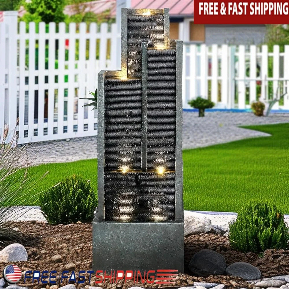 

4-Tier Outdoor Indoor Water Fountain with LED Lights Durable Resin Construction Soothing Water Flow Perfect Garden Patio Decor