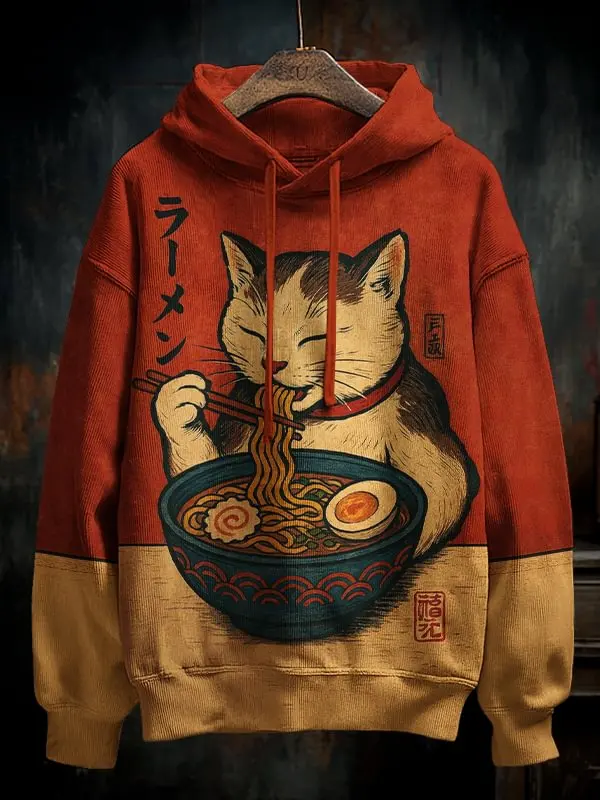 Men's Japanese Art Cat Eats Ramen Print Hoodie Autumn/Winter New 3D Anime Swearshirt Men Women Pullovers Oversized Y2k Tracksuit