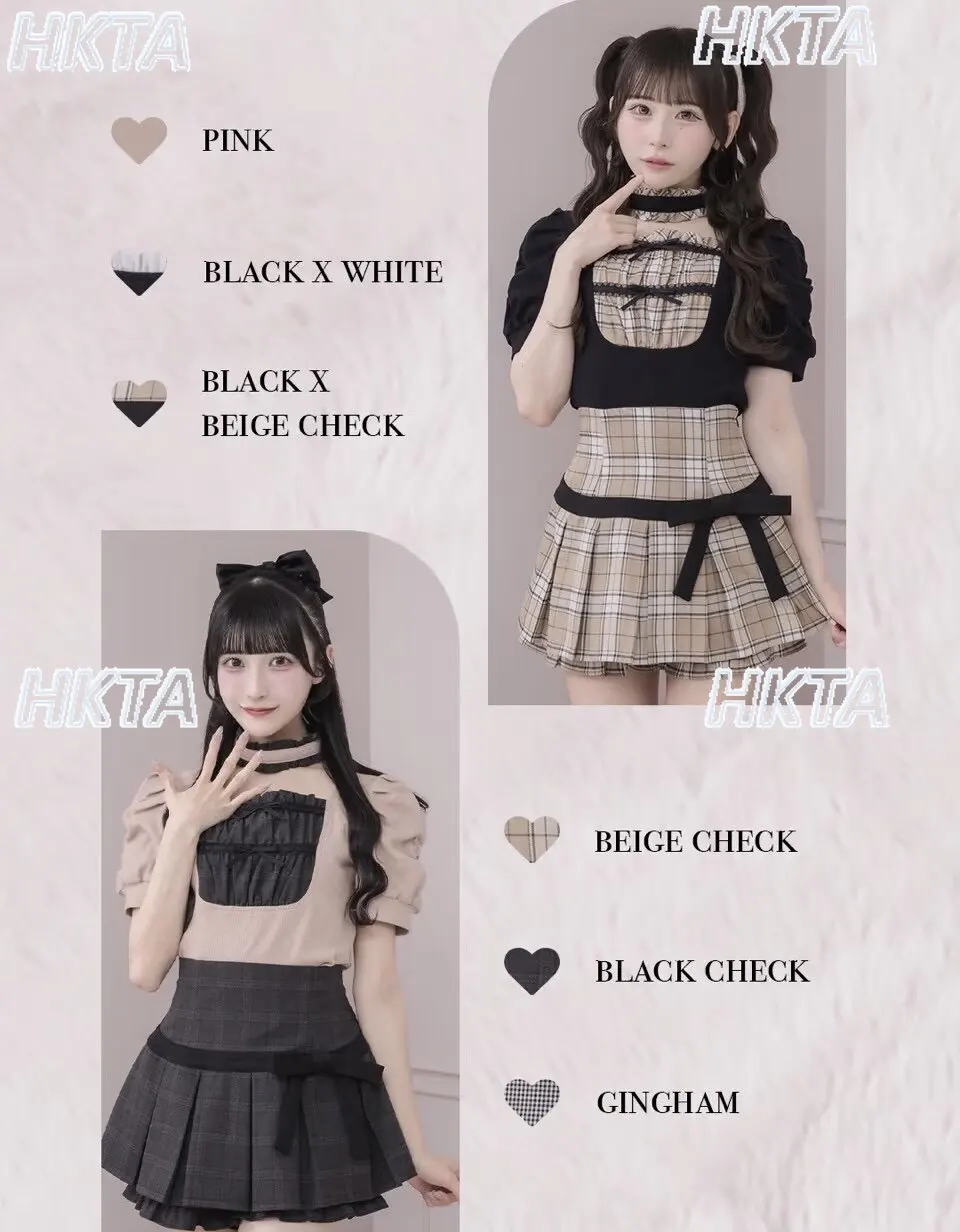 Japanese Sweet Square Neck Short Sleeve Tshirt Top New Summer Collection Stretchy Slim-fit Color Block Plaid T-shirt for Women