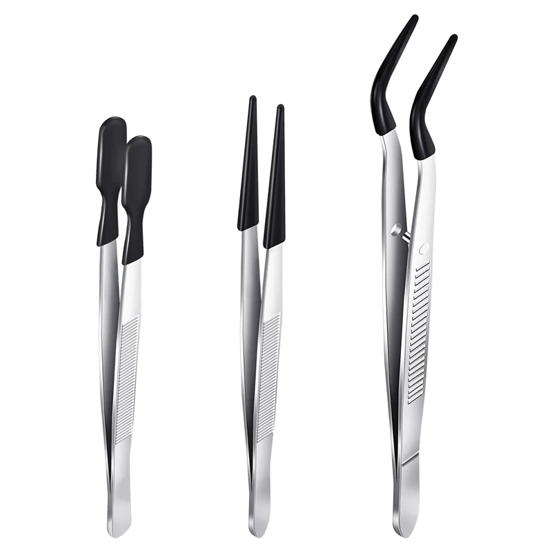 A45M-3 Pieces Tweezers With Rubber Tips Tweezers PVC Coated Tweezers Set, Rubber Straight And Flat Tip Tweezers