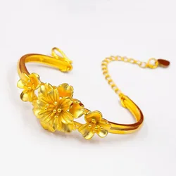 Pure 18K Gold Color Bangle for Women Flower Opening Bracelet Copper Plated Jewelry Bracelet Not Fade Fine Jewelry Gifts