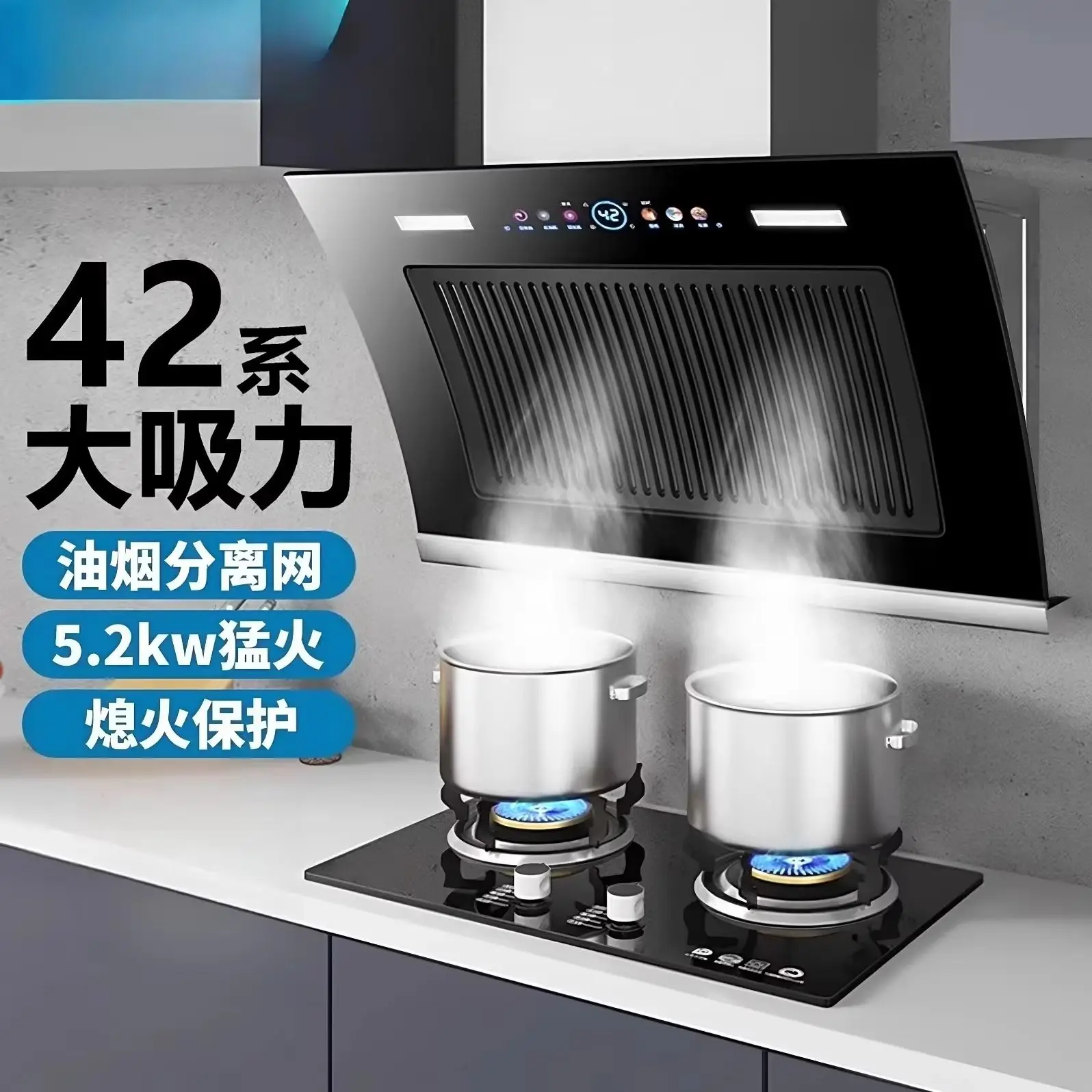 220V Dual Motor Range Hood Large Suction Side Mount Kitchen Extractor for Home Apartment Rental N