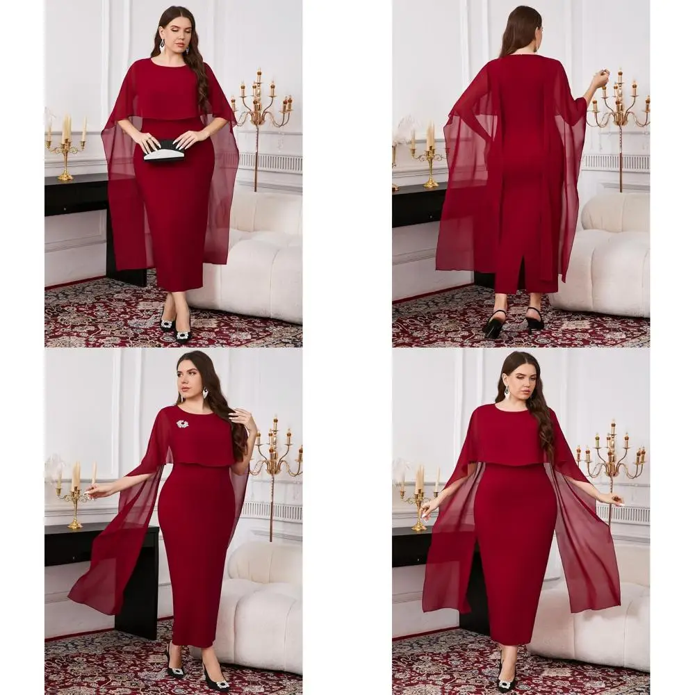 

Elegant Chiffon Cape Maxi Dress for Plus Size Women, Crew Neck, Pencil Style, Ideal for Weddings and Cocktail Events
