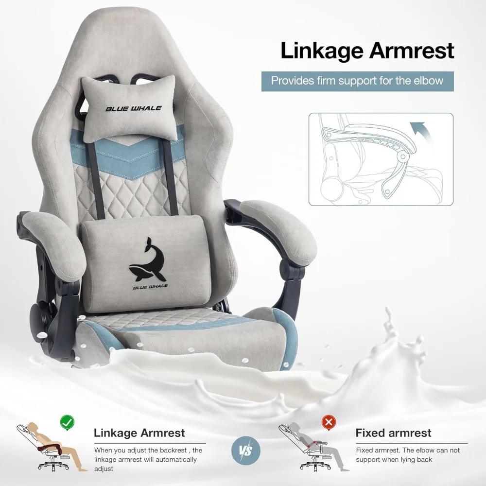 كرسي ألعاب مريح كبير وطويل للبالغين حتى 500 رطل، دعم قطني قابل للتعديل، مسند للرأس، ومسند للقدمين، مريح