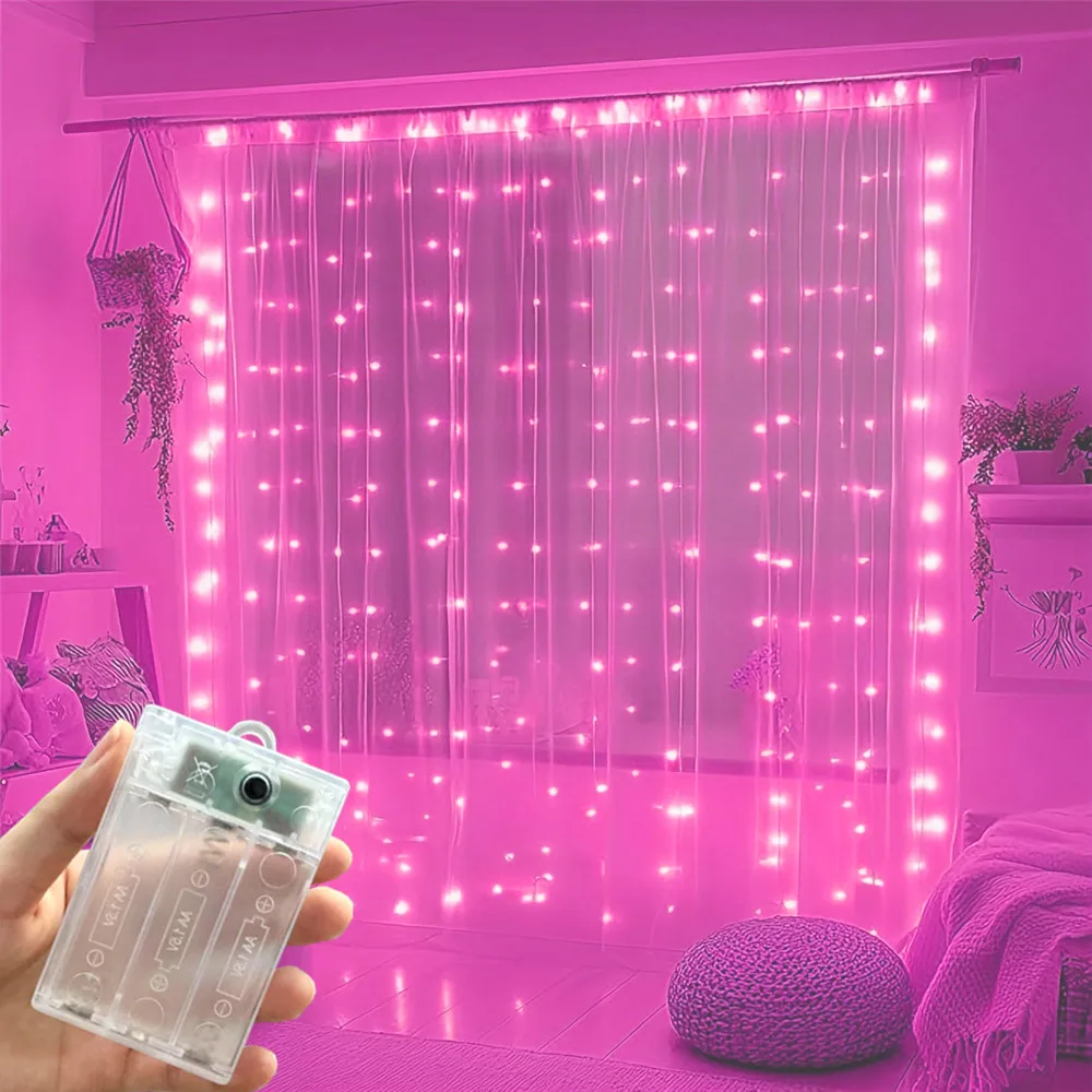 

Светодиодная гирлянда-штора 3/6 м, розовая, на батарейках, для наружного декора, для праздников Ид Мубарак, свадеб, дней рождений, Дня святого Валентина