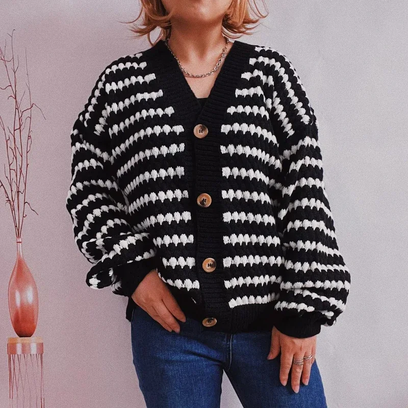 

New Women Pullovers Loose Plus Size Striped Off Shoulder Long Sleeved Single Breasted Knitted Sweater Cardigan Jackets