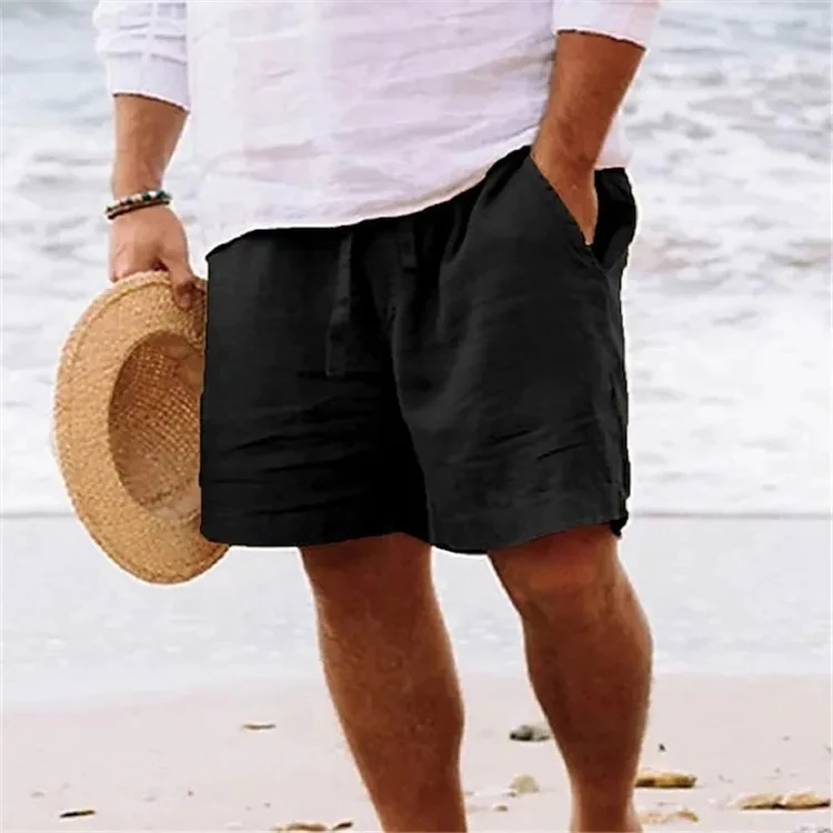 Pantalones cortos de lino y algodón para hombre, Shorts de cintura elástica, pierna recta, Color sólido, transpirables, informales, para playa, 2024