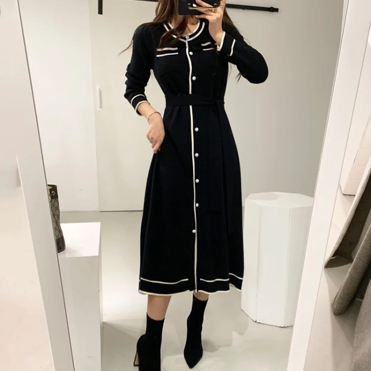 Temperament Contrasting Colors Vintage Maxi Dresses for Women Sweater Belt Waist Loose Autumn Vestidos De Mujer Lady Knitted