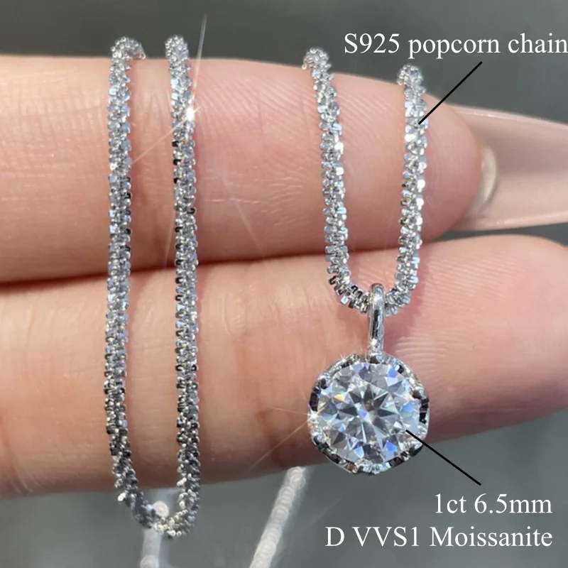 NKHOG 1CT Moissanite Pendant Necklace For Women S925 Silver Popcorn Chain Sparkling Clavicle Necklaces Fine Jewelry Lab Diamond