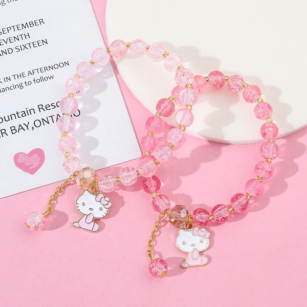 Sanrio Anime HelloKitty Bracelet Cute Cartoon Figure KT Cat Handmade Resin Pendant Accessory Kitty Pendant Bead String Bracelet