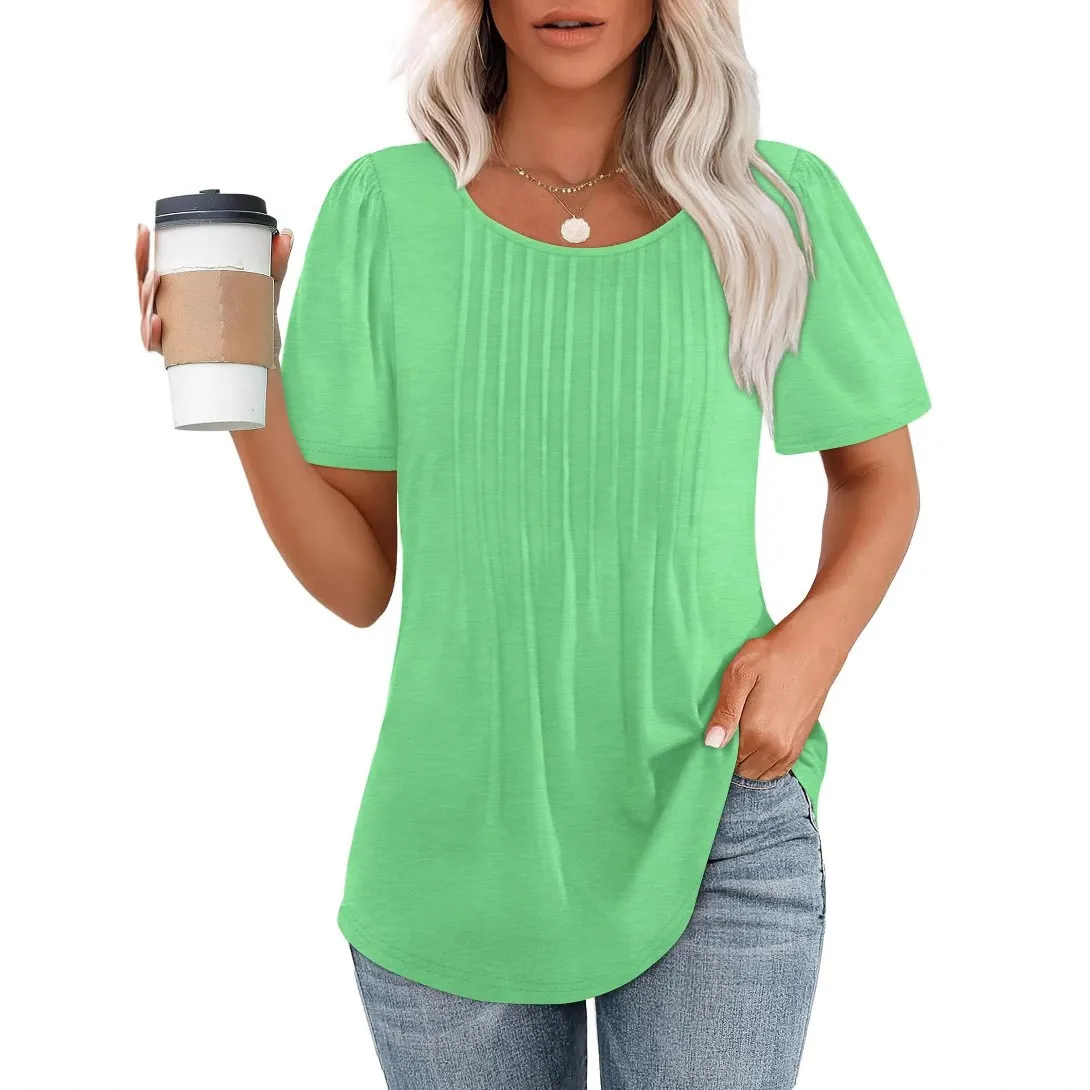 Loose Fit Pleated Top Loose Silhouette Western Style with Regular Length Round Neck Short Sleeve Patchwork Women T Shirts Spring