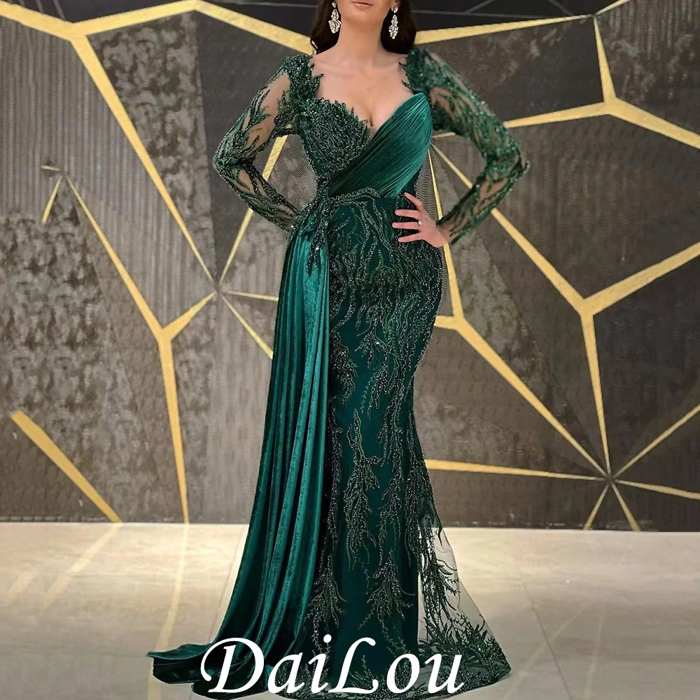 Vestido de noite drapeado até o chão, mangas compridas, colarinho quadrado, tule plissado, trompete, verde esmeralda, frisado, vestido formal de baile