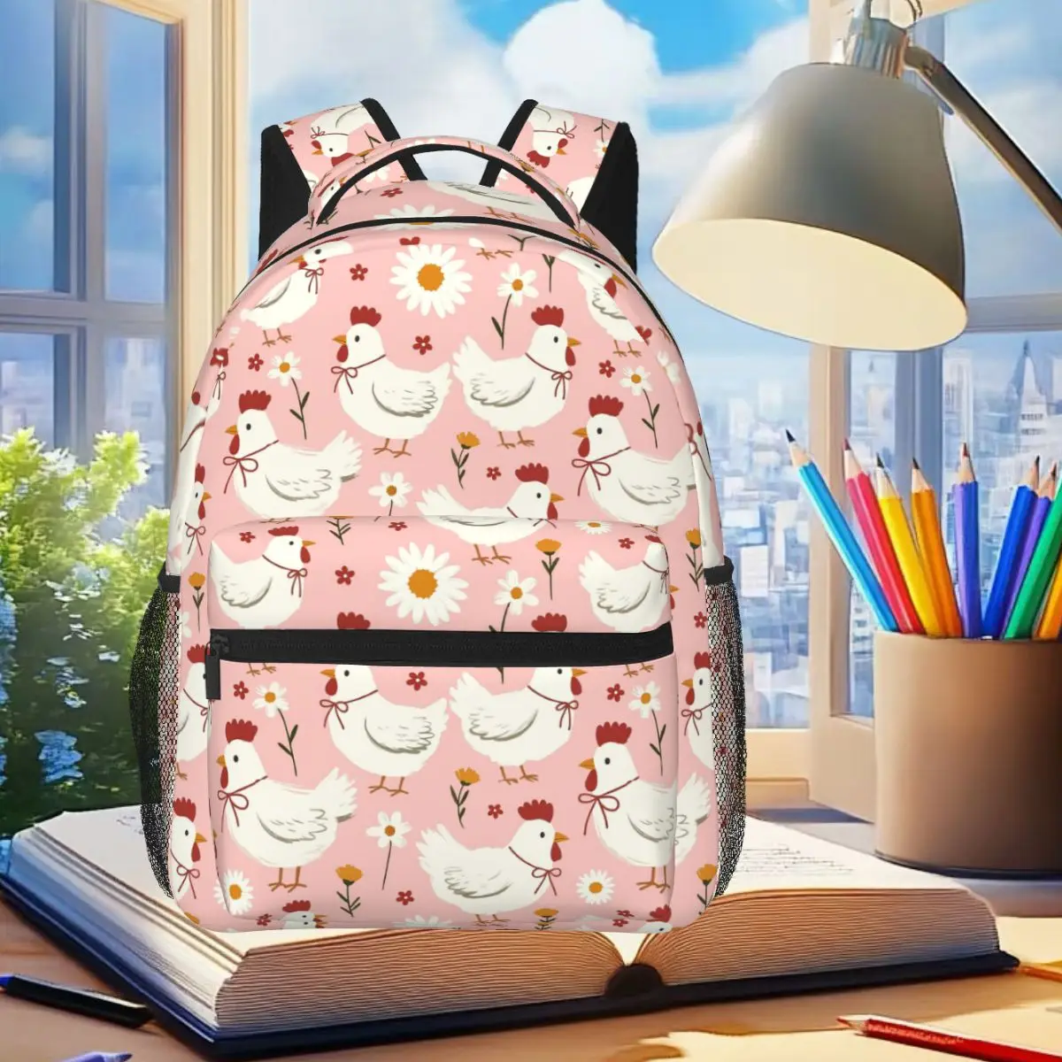

White Chickens And Floral Pattern Backpack Student Boys Girls BookBag Kids School Bag Computer Shoulder Bags for Men Women