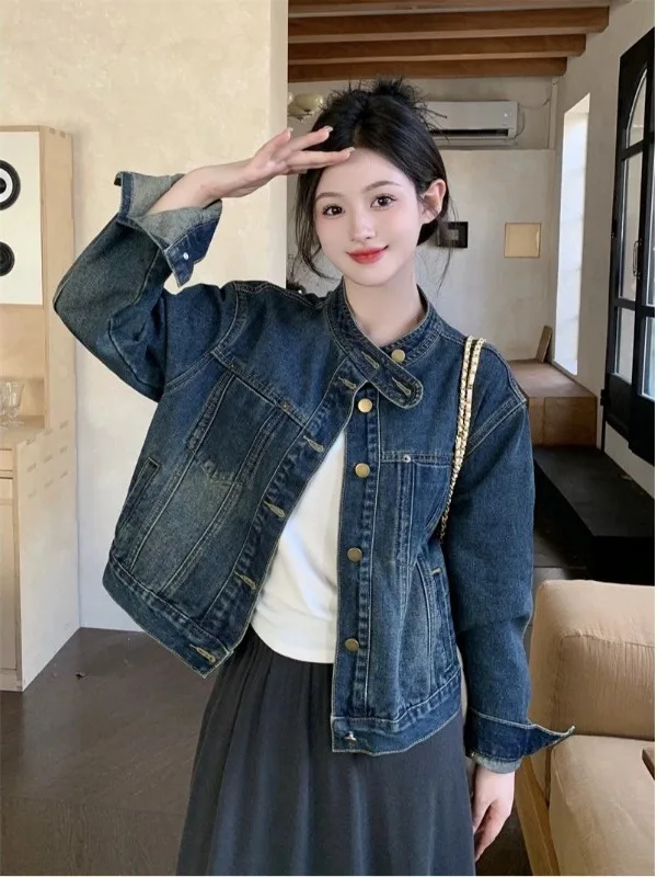 

Women's Denim Jaet ort Svel Korean Sle Loose Fit American Casual Vintage Top Button ket Color