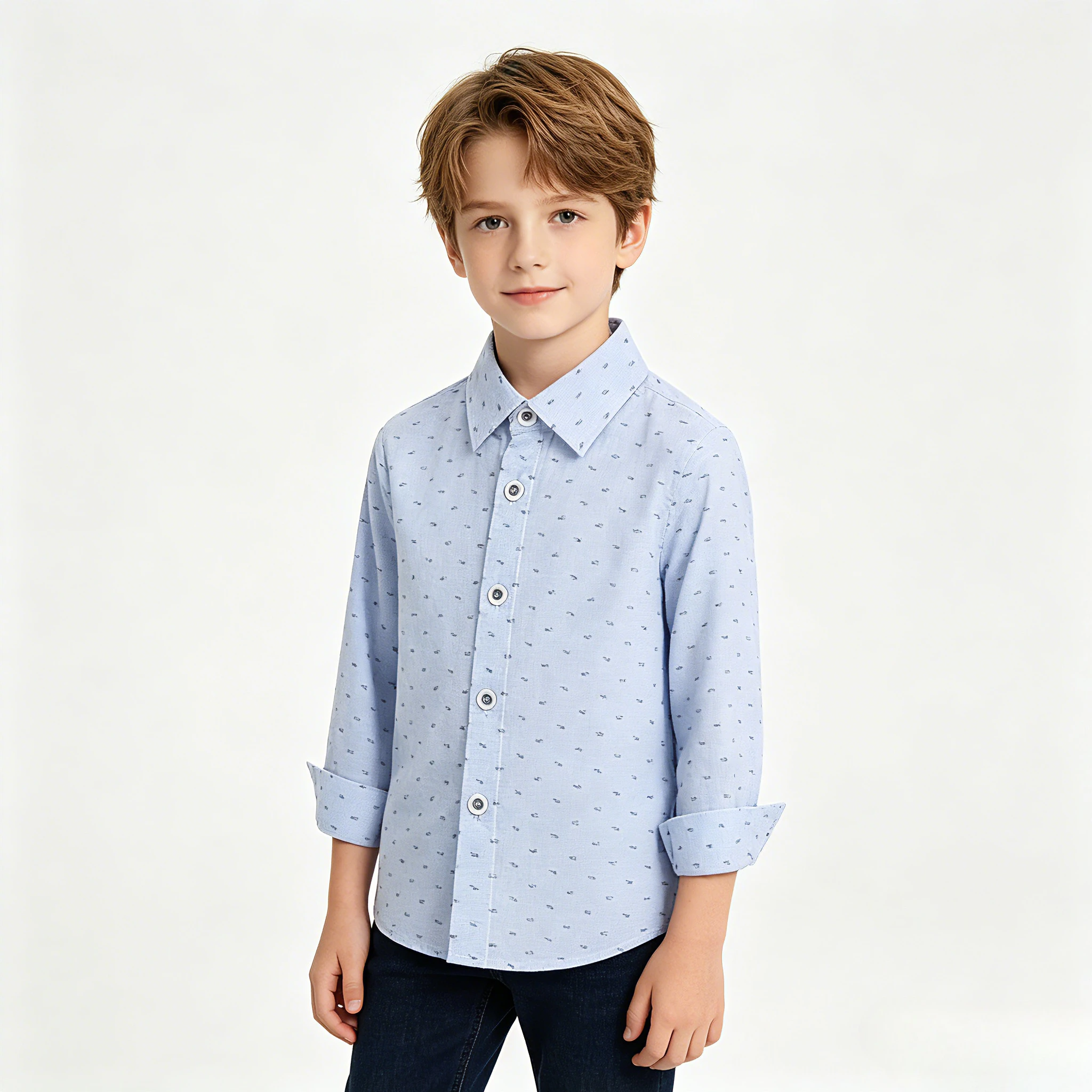 

Boys Light Blue Dots Print Long Sleeve Button Down Shirt, Teen Kids Casual Comfortable Cotton Top for Daily School & Play 2-12 Y