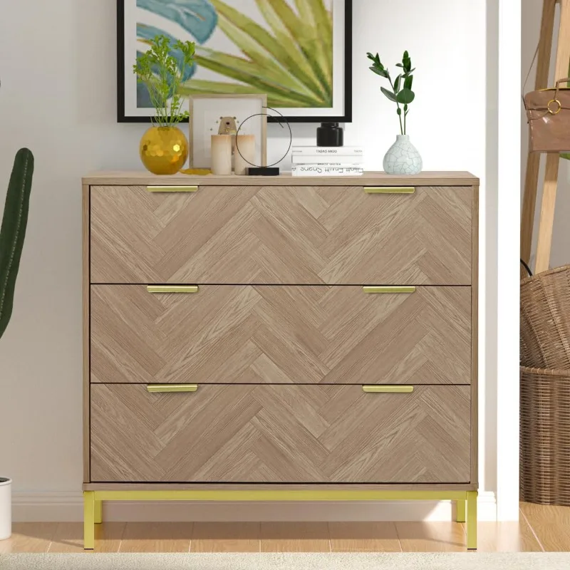 Modern 3 Drawer Dresser, Mid Century Natural Oak Storage Bedroom Furniture with Gold Metal Legs