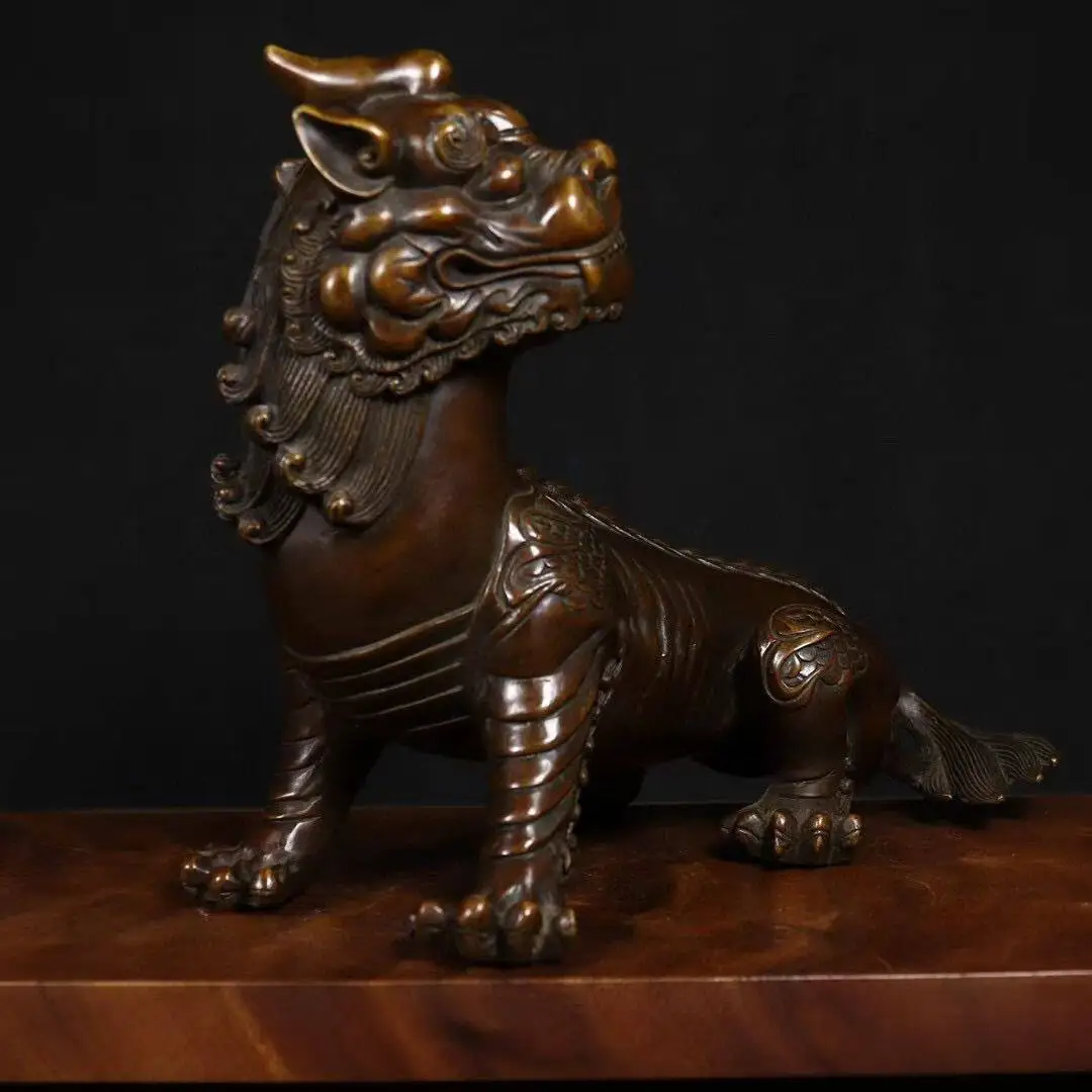 Vintage Copper DiTing Statue Mythical Unicorn Beast Feng Shui Decor for Home Office Lucky Wealth Blessing Ornament