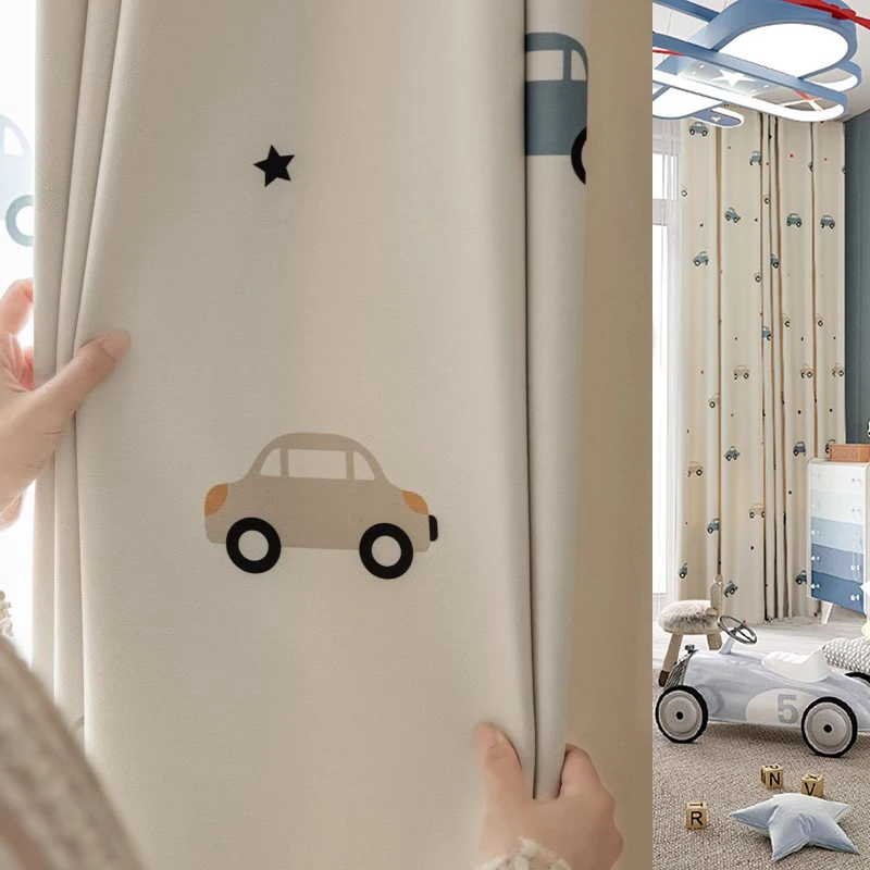 

2Pieces French Light Luxury Cartoon Car Pattern Cream Window Drapes Hight Shading Curtains For Boys Room and Bedroom Balcony