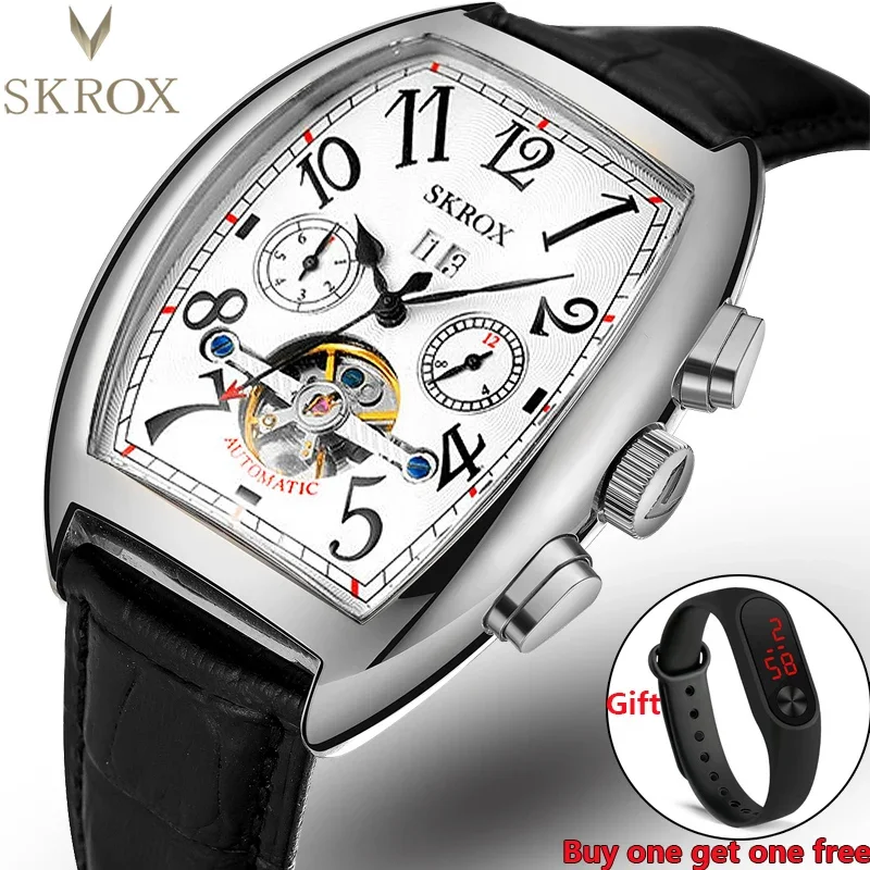 SKROX Shanghai movimiento automático Tourbillon Tonneau marcas de lujo reloj de hombre relojes de pulsera mecánicos para hombre reloj con correa de cuero
