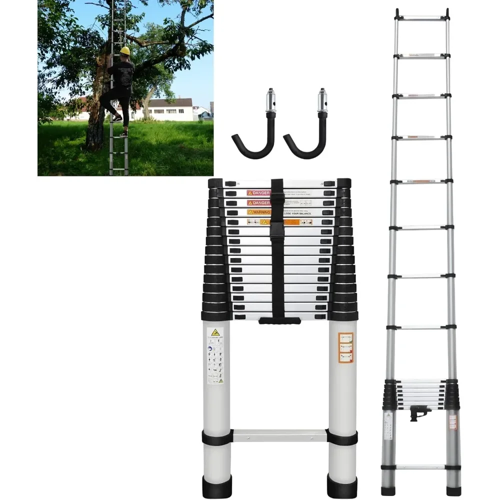 Portable Telescoping Ladder, 20ft/6.2M Aluminum Folding Ladder Expandable Ladder with 2 Detachable Hooks Anti-Slip Rubber