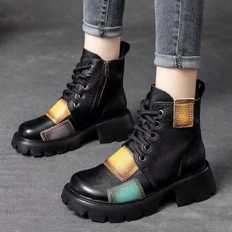 Autumn Winter Punk Goth Ankle Women Boots Mixed Colors Women Shoes Retro Genuine Leather Round Toe Sewing Handmade Platform Boot