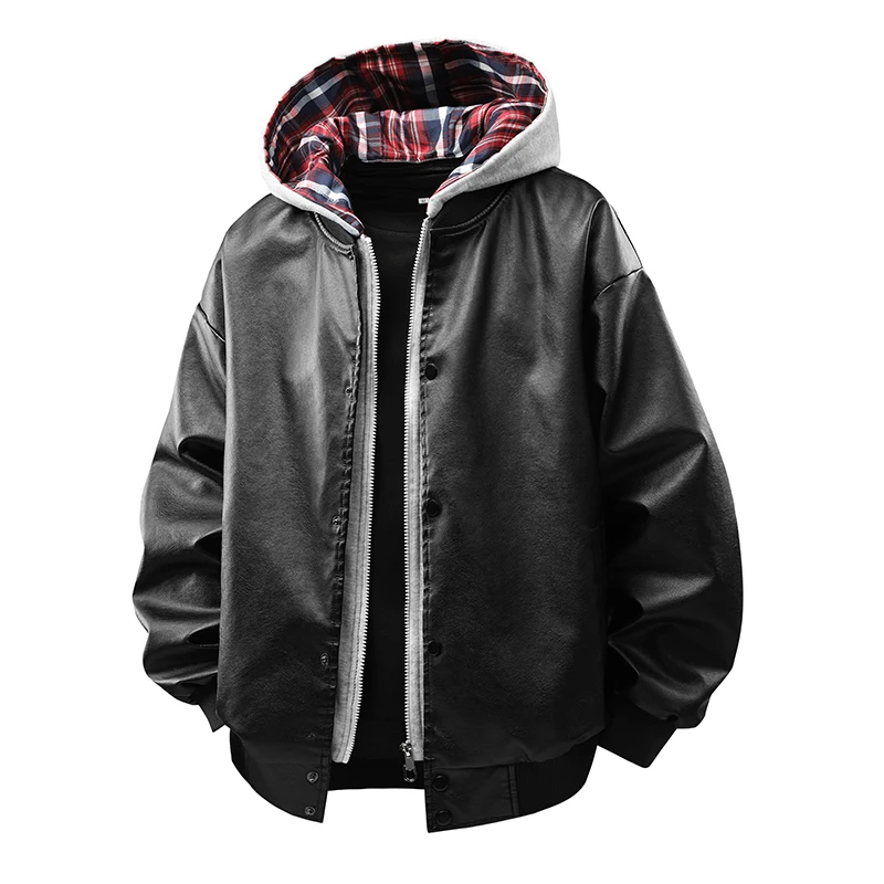 

Men's American Retro Hooded Leather Jacket, Faux Two-Piece Thick Leather Jacket for Autumn and Winter, Suede Collar Jacket for Men, Fashionable and Elegant Top, Casual Biker-Style Bomber Jacket