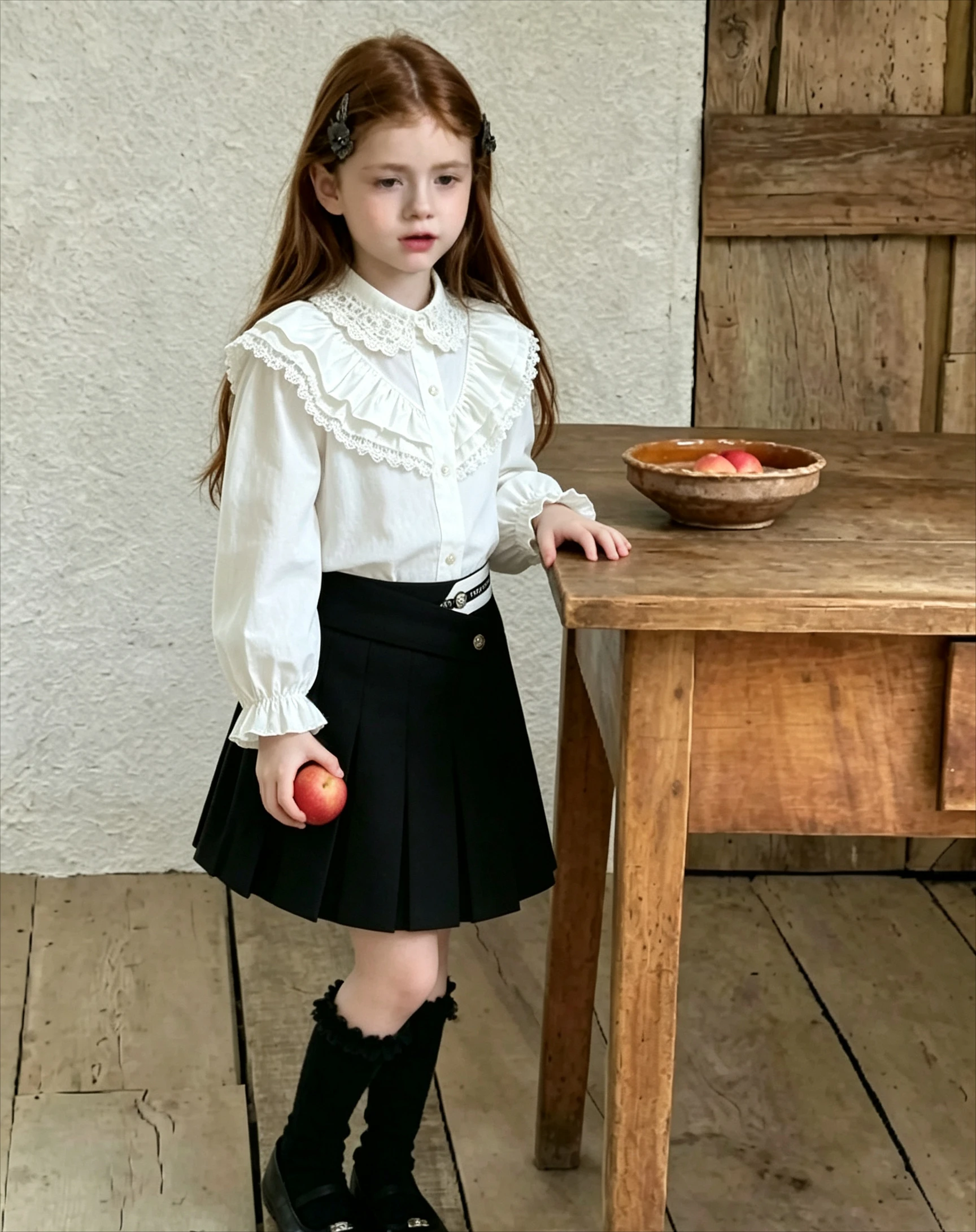 Children's Cotton Shirt Lace White Long Sleeved Spring and Autumn Girls' Preppy Style Student Class Uniform Heavy Industry Top