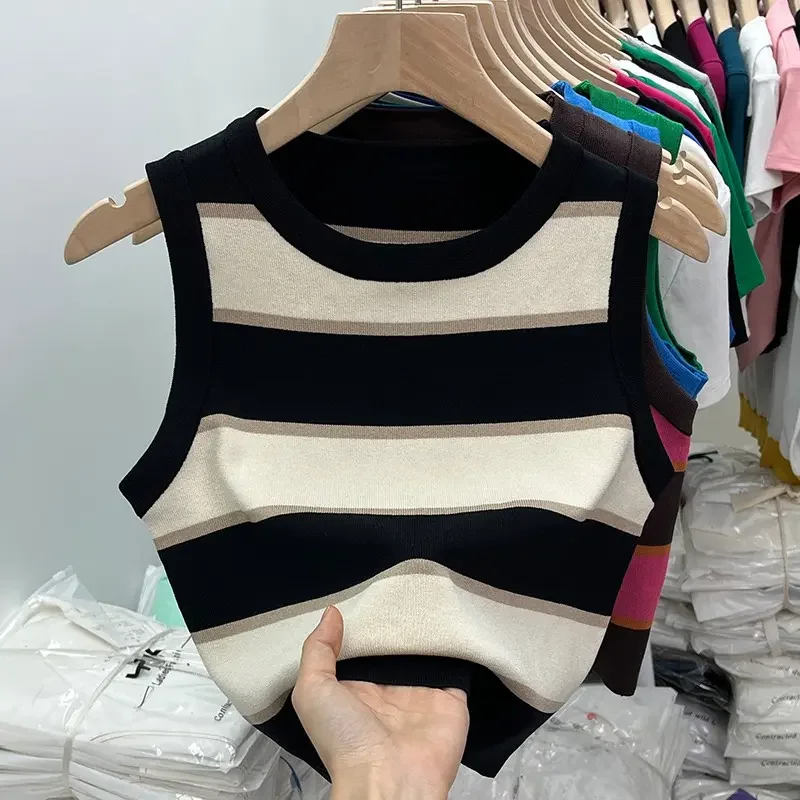 

2026 Korean Style Slim Striped Tank Top Women Summer Sleeveless Fashion Crop Top